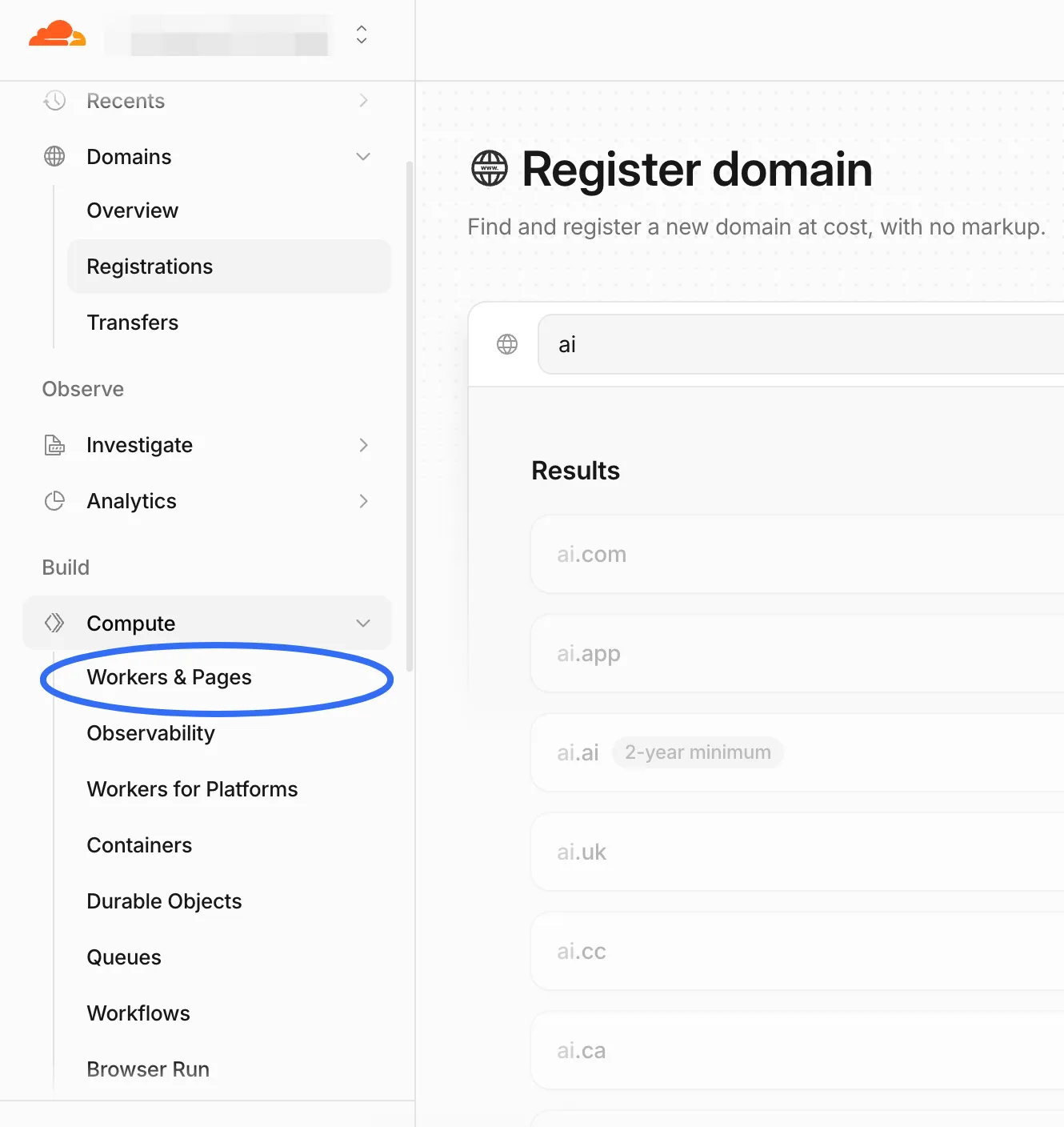 The Cloudflare sidebar with Workers & Pages nested under Compute, beside a domain search showing ai.com, ai.app, ai.ai and ai.uk all unavailable