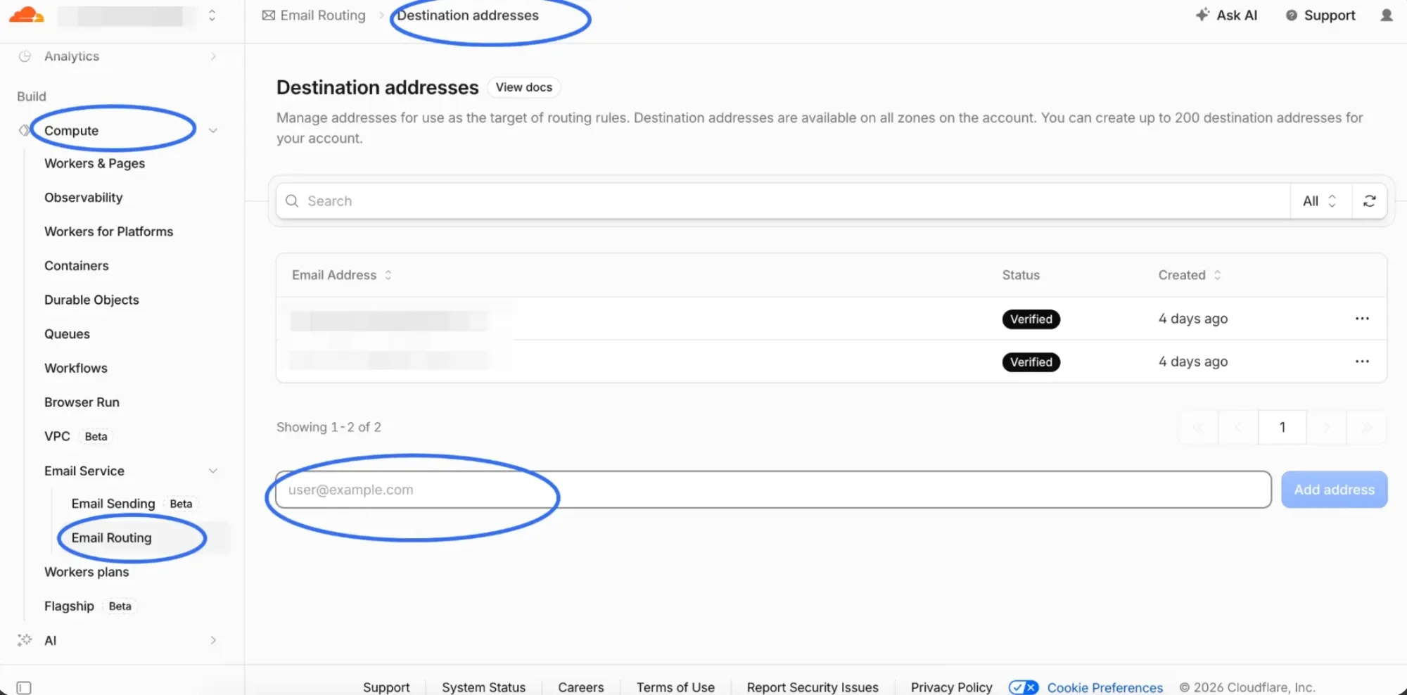 The Destination addresses page in Cloudflare Email Routing, with the single input placeholder reading user@example.com