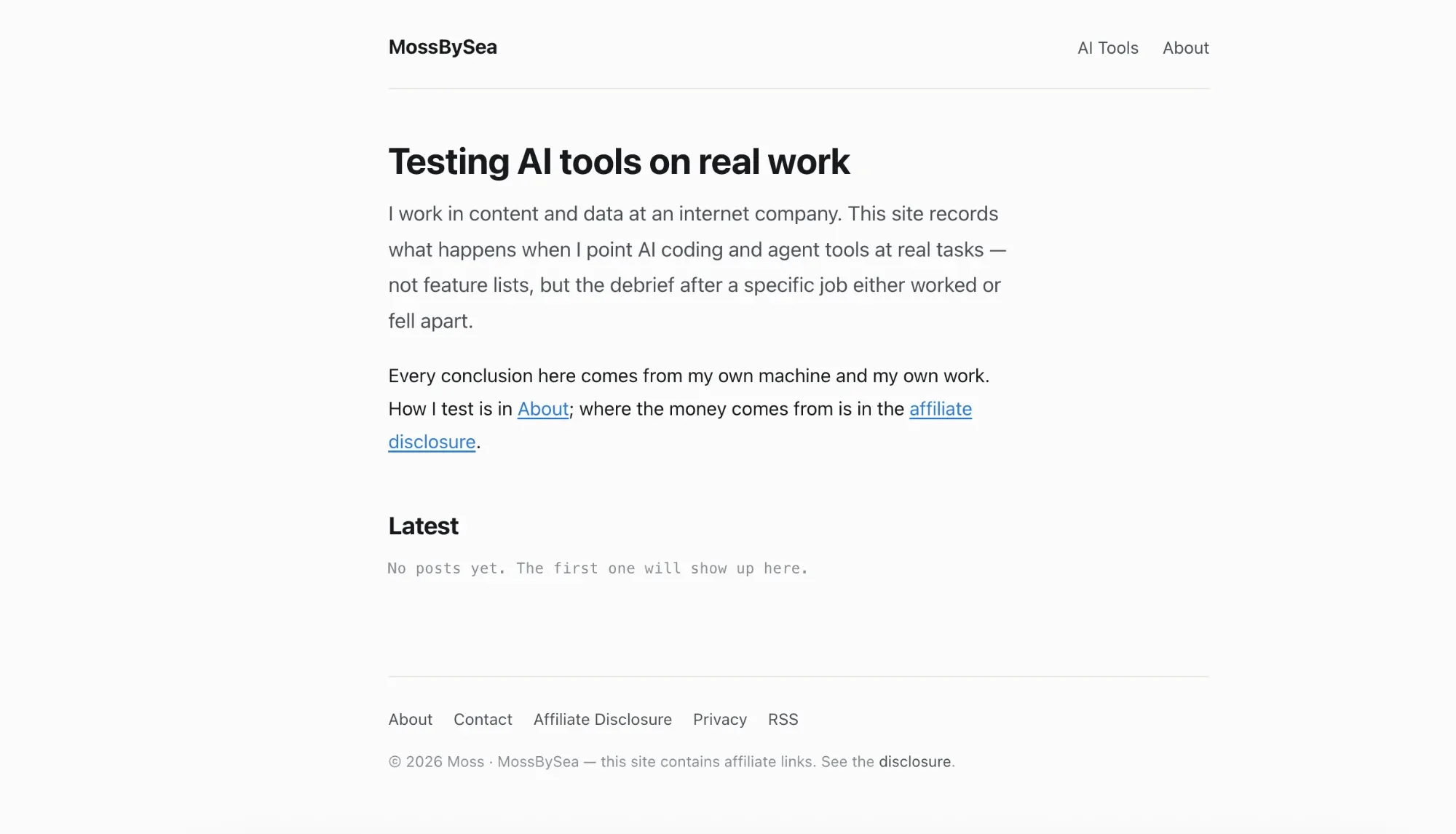 The finished site: a plain static blog with a header, two paragraphs and a footer