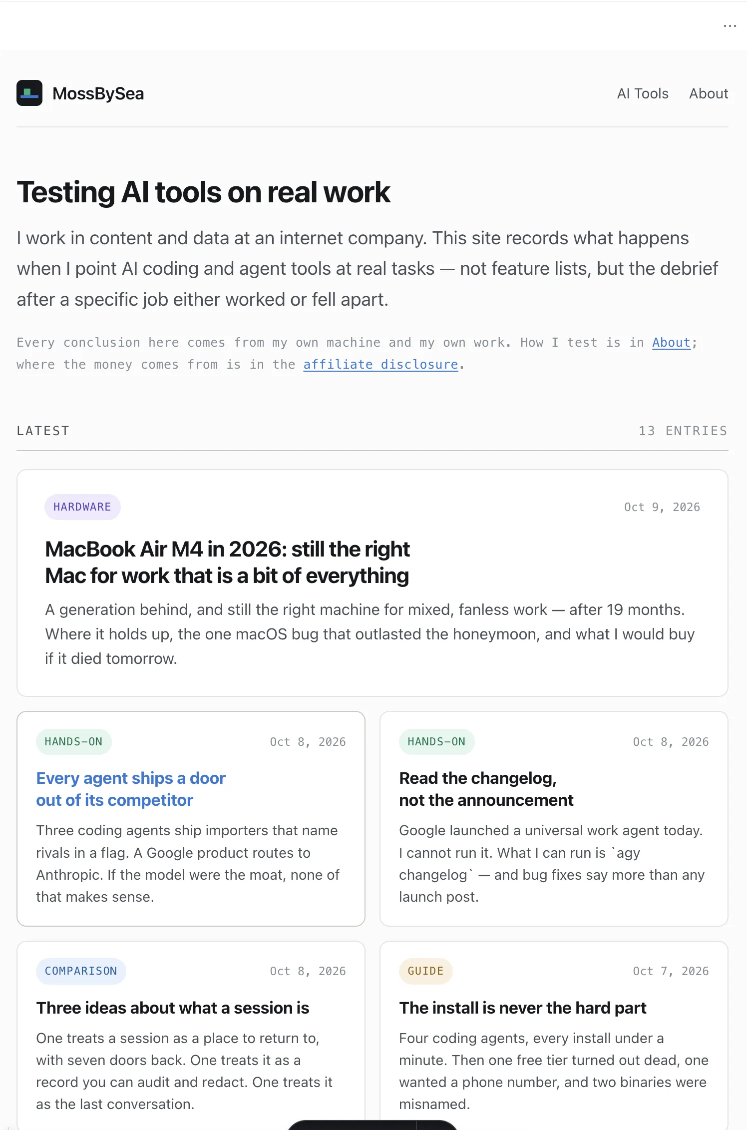 The homepage after: a full-width featured card above a grid of cards with coloured kind chips