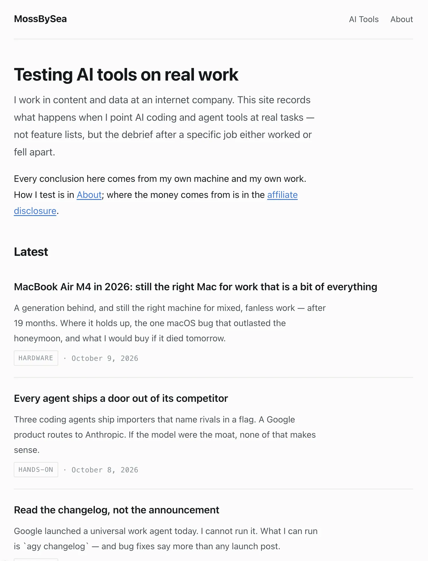The homepage before: a flat list of thirteen identical text entries